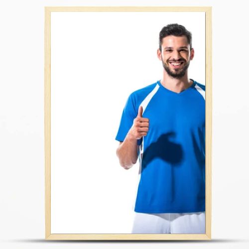 happy soccer player with ball showing thumb up Isolated On White