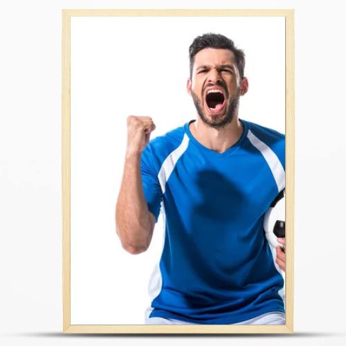 excited soccer player with ball and clenched hand yelling Isolated On White