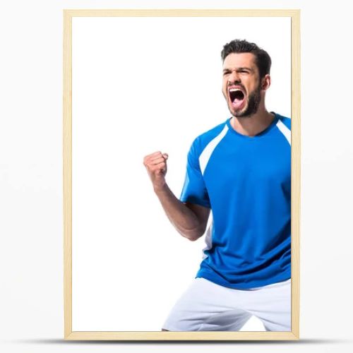 excited soccer player with ball and clenched hand Isolated On White