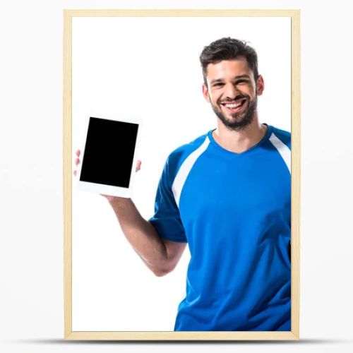 happy soccer player with Digital Tablet and ball Isolated On White