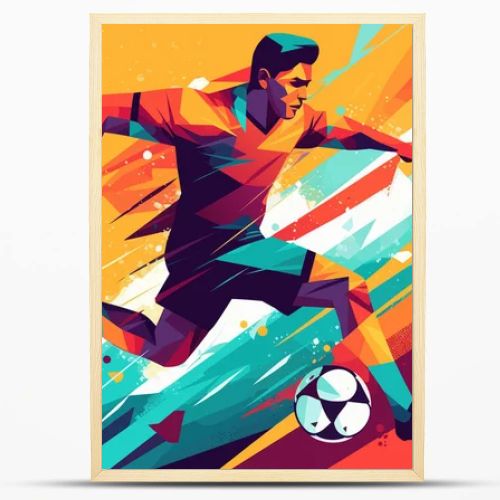 Dribbling soccer player with football ball, flat art style colorful poster, vector illustration.