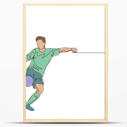 Single continuous line drawing of young energetic football striker shooting a first time kick technique. Soccer match sports concept. One line draw design vector illustration