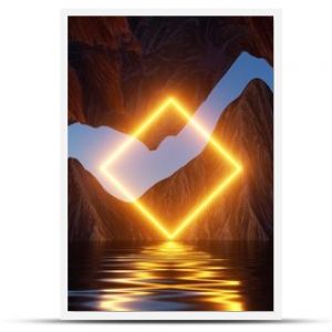 3d rendering, seascape with cliffs, water and yellow neon square geometric shape. Modern minimal abstract background. Spiritual zen wallpaper with sunset or sunrise light