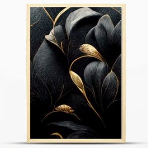 Black and gold, luxury background, floral shapes, black silk texture with golden motifs, 4k abstract luxurious design, 3D render, 3D illustration