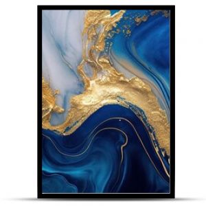 Abstract blue marble texture with gold splashes, blue luxury background