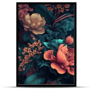 Dark floral background wallpaper design with multicolor flowers and leaves