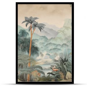 wallpaper jungle and leaves tropical forest birds old drawing vintage - generative ai 