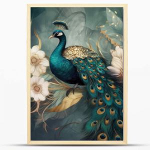 modern interior mural painting wall art decor abstraction wallpaper with white, dark green and golden tropical palm leaf branches and flowers with feathers peacock bird 