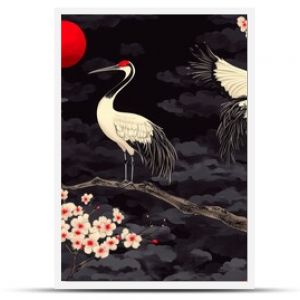 Oriental ornament with cranes and decorative elements of bonsai and cherry blossoms.