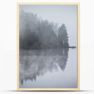 Mystischer Nebel vor einer Insel in einem See mit vielen dunklen Bäumen