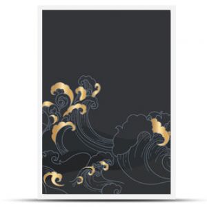 vector illustration of an abstract background Japanese  golden wave in dark night with half moon 