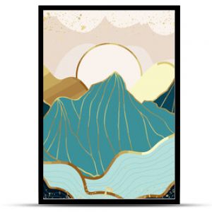 Gold mountain wallpaper design with landscape line arts, Golden luxury background design for cover, invitation background, packaging design, wall arts, fabric, and print. Vector illustration.