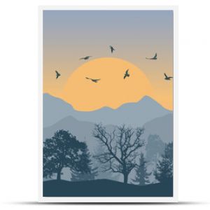 Beautiful forest on background of mountains and sunset and flying birds, silhouettes. Vector illustration