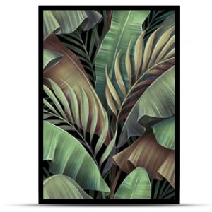 Tropical seamless pattern with beautiful palm, banana leaves. Hand-drawn vintage 3D illustration. Glamorous exotic abstract background design. Good for luxury wallpapers, cloth, fabric printing, goods