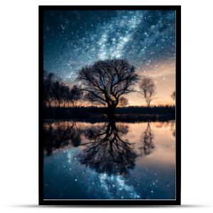 starry sky, with trees Silhouette in the horizon