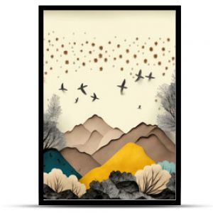 Brown trees with golden flowers and turquoise, black and gray mountains in light yellow background with white clouds and birds. 3d illustration wallpaper landscape art