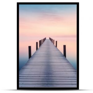 A straight flat simplistic rectangular lake dock, beautiful sunrise, foggy, calm water. Nature relax wallpaper.