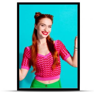 Photo of pretty adorable lady dressed pink knitted shirt showing arms scales emtpy space isolated blue color background