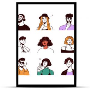 People avatars set. Young men and women with thinking face expressions. Modern line character heads, happy smiling thoughtful girls and guys. Flat vector illustrations isolated on white background