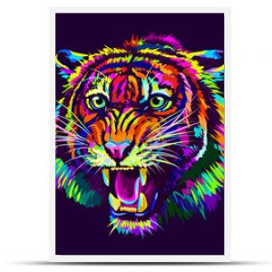 Warczący tygrys Abstrakcyjny, wielobarwny portret warczącego neonowego tygrysa na ciemnofioletowym tle