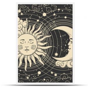 Magical banner for astrology, celestial alchemy. Heavenly art for the zodiac, tarot, device of the universe, crescent moon with a face, clouds, sun with the moon on a black background. Esoteric vector