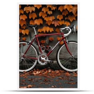 Rustic Bicycle Against Brick Wall With Autumn Leaves