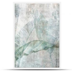 Big banana leaves. Grunge photo wallpaper with golden abstract elements on concrete background. Illustration for wallpaper, fresco, mural.