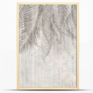 Palm leaves on the wall, tropical leaves. Illustration for wallpaper, card, poster, decoration. Mural.