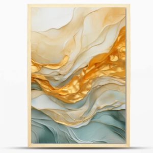 Gold and teal blue abstract waves luxury background. Golden colors texture wavy waves, three-dimensional curvy shiny metallic glowing backdrop for copy space text.