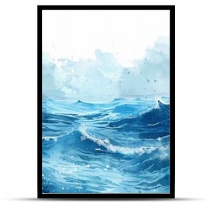 Abstract ocean waves background, vector watercolor illustration on white isolated background, detailed illustration of a sea landscape in the style of watercolour art, pastel blue color, simple design