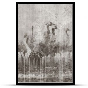 Textured background with beautiful cranes. Illustration for wallpaper, mural, poster, card, interior decoration.