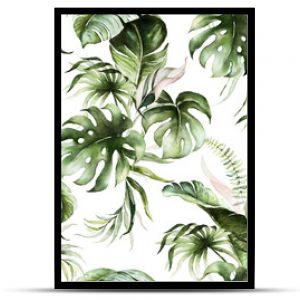 Green tropical leaves on white background. Watercolor hand painted seamless pattern. Floral tropic illustration. Jungle foliage.