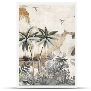 3d wallpaper forest. concrete background. Modern painting. Hand-drawn illustration COLOR