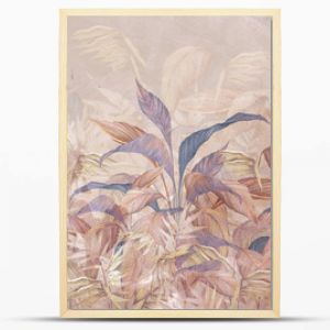 tropical leaves on a light beige background with textural backgrounds, photo wallpaper in the interior