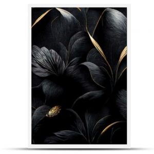 Black luxury cloth, silk satin velvet, with floral shapes, gold threads, luxurious wallpaper, elegant abstract design