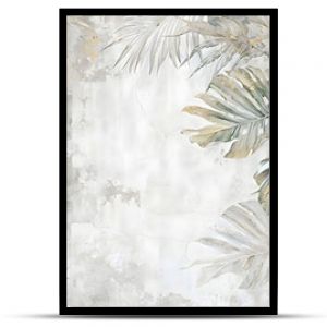 Mural art design. Art drawn tropical leaves on grunge concrete background. Wallpaper gray abstract leaves on concrete background. Tropical gray leaves on grunge concrete background Wallpaper.