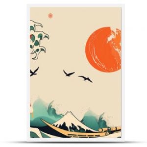 Traditional Japanese artwork with waves, cherry blossoms, and a red sun.