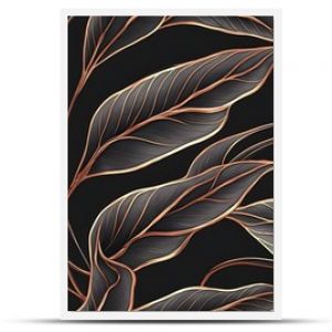 seamless wallpaper of illustrated plant leaves, copper and black colors, sleek, elegant