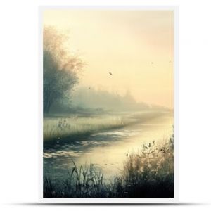 A serene landscape at dawn, with soft, muted colors and gentle mist creating a sense of peaceful reverie and quiet contemplation.