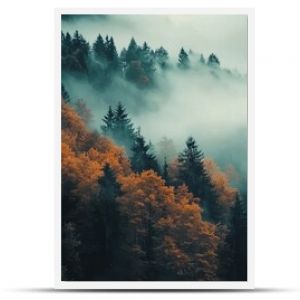 Tranquil scene with a lot of fog and a forest in autumn colors