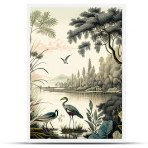 Vintage wallpaper featuring a forest landscape with lake, vegetation, trees, birds and herons.