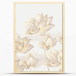 Luxury wallpaper design with Golden lotus and natural background. Lotus line arts design for wall arts, fabric, prints and background texture, Vector illustration.