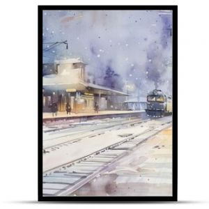 Gentle watercolor of a quiet, snowy railroad station with a diesel train parked, the tranquil scene illuminated by soft station lighting