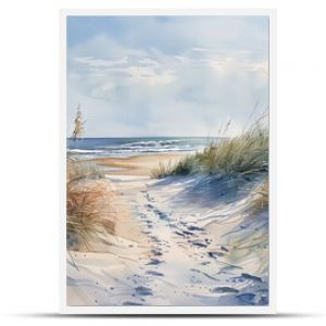 Realistic Sea beach background in watercolor style pink, blue beige pastel color, muted tones. Painting of sand dunes, path with foot step & sea. Sea side art banner with copy space.