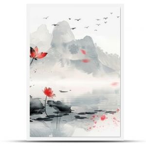 Red Lotus Flowers Blossom in a Misty Mountain Landscape