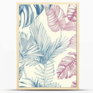 A repeating pattern of detailed botanical line drawings of exotic plants from old-world explorations, colored in subdued tropical hues.