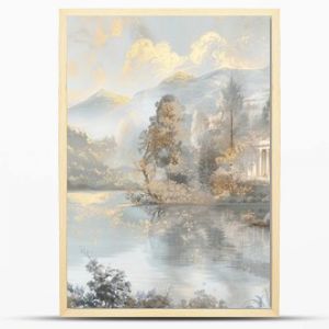 Baroque mural of a countryside scene in muted tones and gold on a soft backdrop