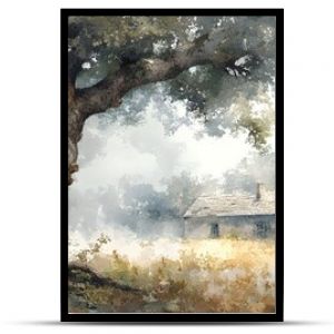 Hidden house under a large fallen tree, roots exposed, aftermath of a storm, watercolor style, soft edges, muted palette, serene yet haunting atmosphere