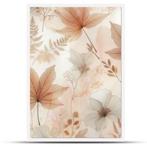 A delicate and airy design featuring translucent, watercolored leaves in soft amber, blush, and ivory tones, floating against a pearlescent background. 