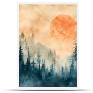 Forest landscape on retro paper texture, nature background